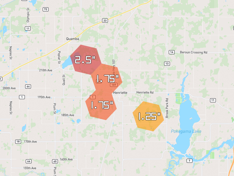 Hail map of Henriette, MN on Jul 4, 2026, hail up to 2.5"