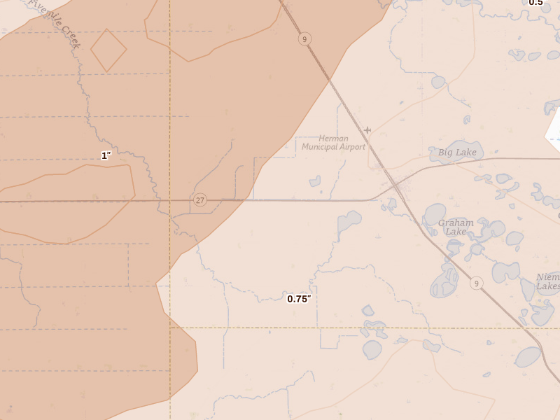Radar-estimated hail-size map of the storm over Herman, MN on Jul 6, 2026