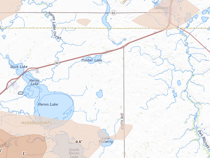 Radar-estimated hail-size map of the storm over Heron Lake, MN on Apr 13, 2026