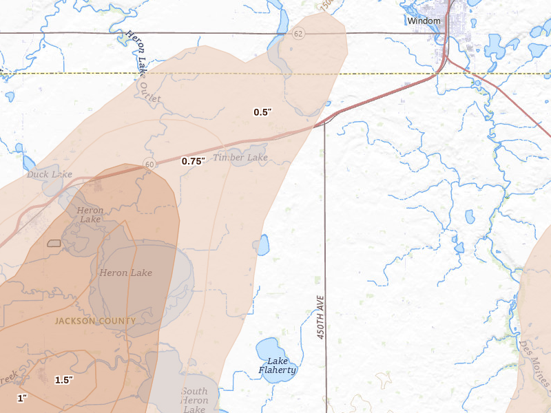 Radar-estimated hail-size map of the storm over Heron Lake, MN on May 17, 2026
