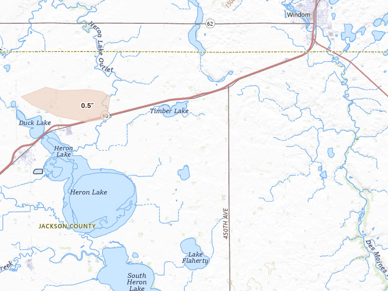 Radar-estimated hail-size map of the storm over Heron Lake, MN on Jun 23, 2026