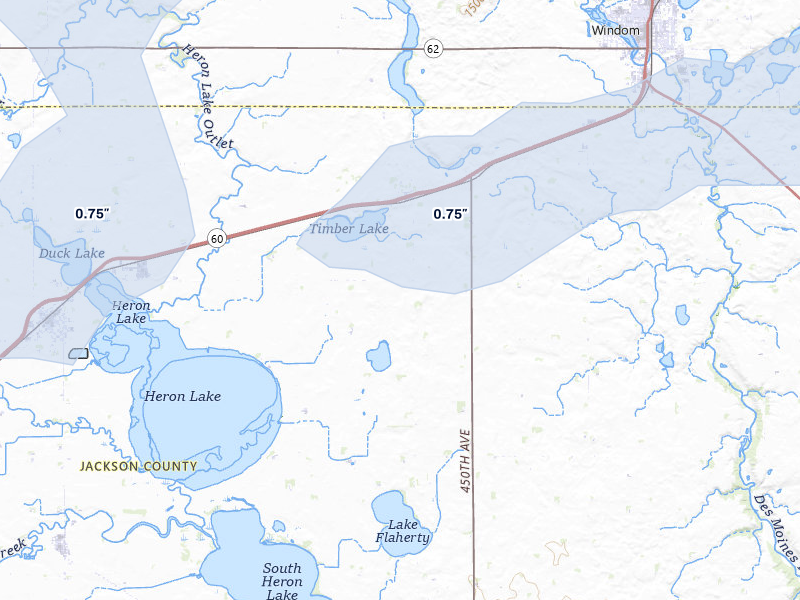 NEXRAD radar-signature map of the hail storm over Heron Lake, MN on Jun 27, 2026