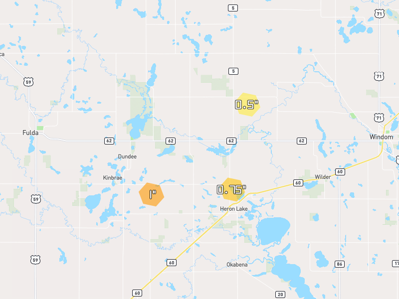 Hail map of Heron Lake, MN on Jun 28, 2026, hail up to 1"