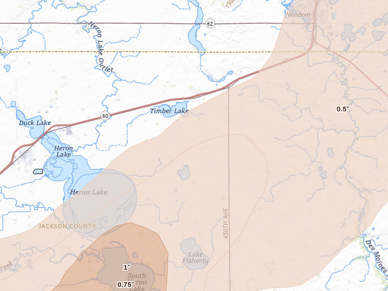 Radar-estimated hail-size map of the storm over Heron Lake, MN on Jun 29, 2026