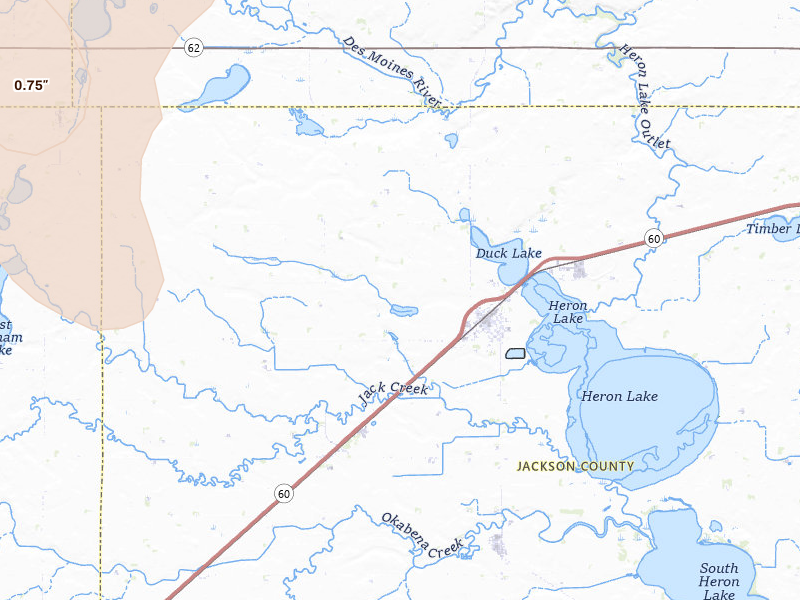 Radar-estimated hail-size map of the storm over Heron Lake, MN on Jun 30, 2026