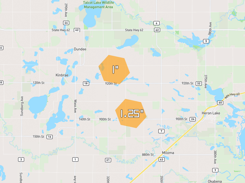 Hail map of Heron Lake, MN on Jul 1, 2026, hail up to 1.25"