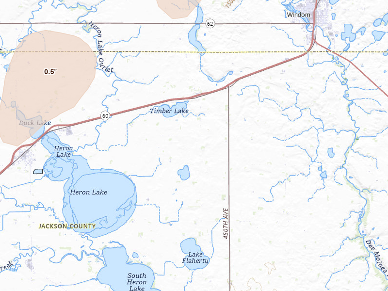 Radar-estimated hail-size map of the storm over Heron Lake, MN on Jul 2, 2026