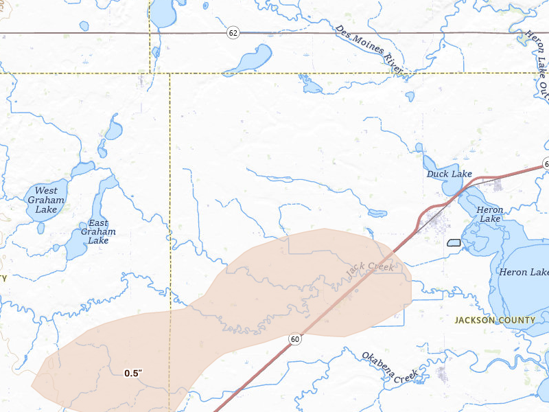 Radar-estimated hail-size map of the storm over Heron Lake, MN on Sep 1, 2026
