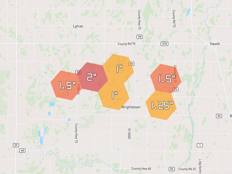 Hail map of Hewitt, MN on Jul 4, 2026, hail up to 2"