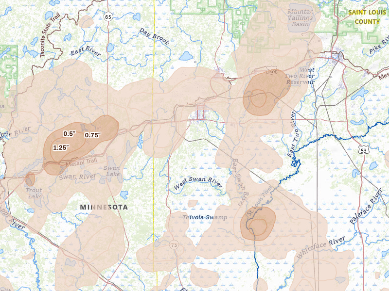 Radar-estimated hail-size map of the storm over Hibbing, MN on Jun 29, 2026