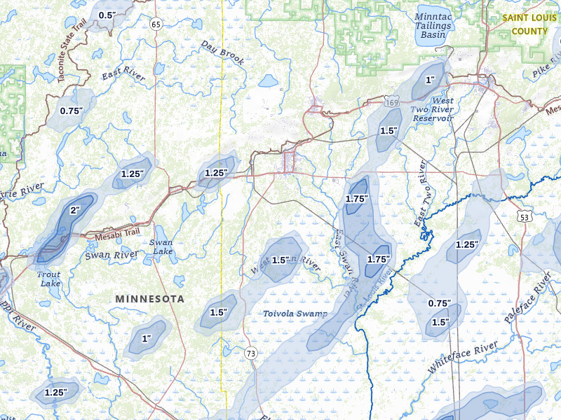 NEXRAD radar-signature map of the hail storm over Hibbing, MN on Jun 29, 2026