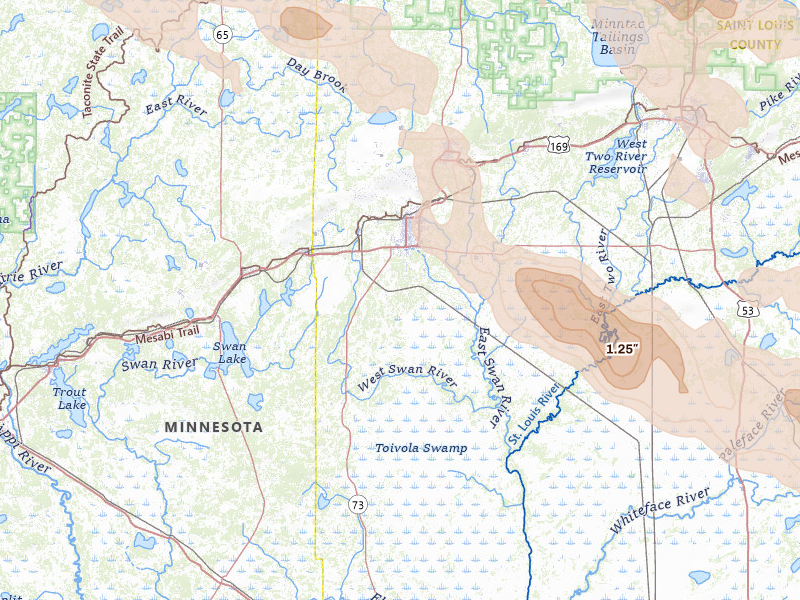 Radar-estimated hail-size map of the storm over Hibbing, MN on Jul 26, 2026