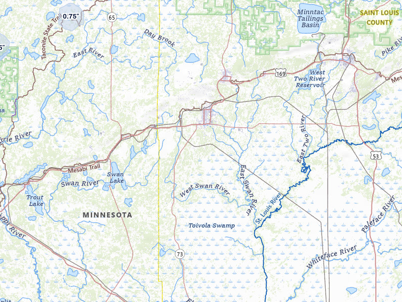 NEXRAD radar-signature map of the hail storm over Hibbing, MN on Jul 26, 2026