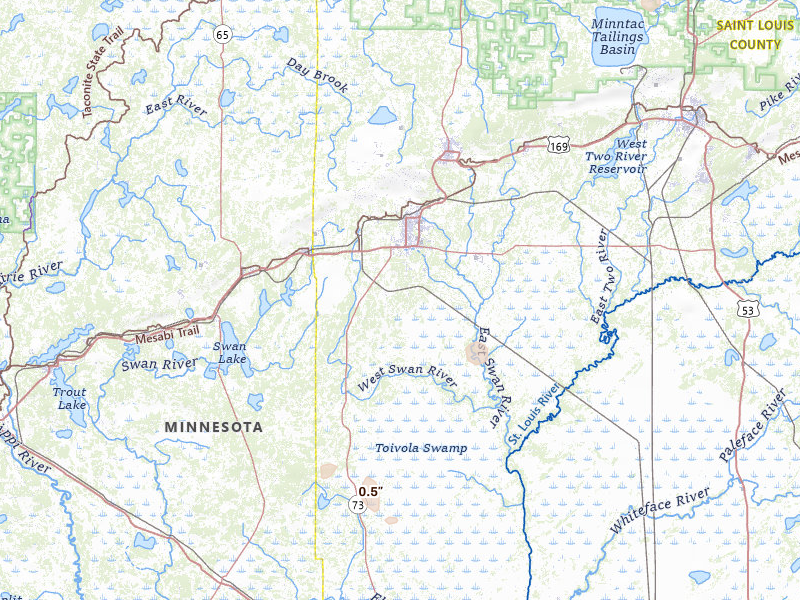 Radar-estimated hail-size map of the storm over Hibbing, MN on Jul 29, 2026