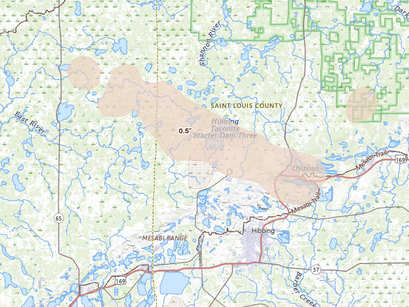 Radar-estimated hail-size map of the storm over Hibbing, MN on Aug 17, 2026