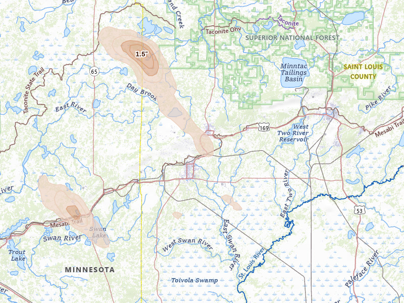 Radar-estimated hail-size map of the storm over Hibbing, MN on Aug 20, 2026