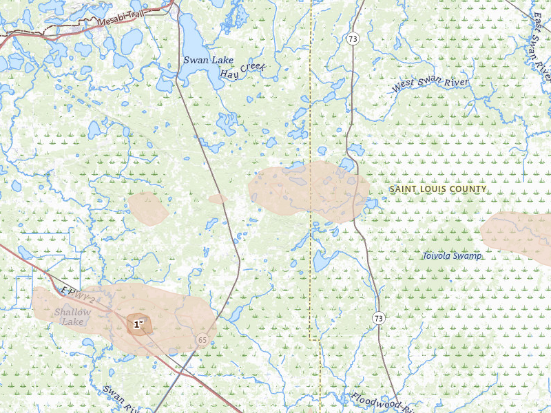 Radar-estimated hail-size map of the storm over Hibbing, MN on Aug 25, 2026