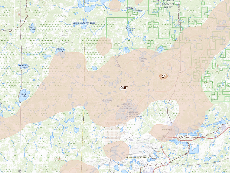Radar-estimated hail-size map of the storm over Hibbing, MN