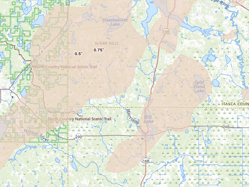 Radar-estimated hail-size map of the storm over Hill City, MN on Jun 29, 2026