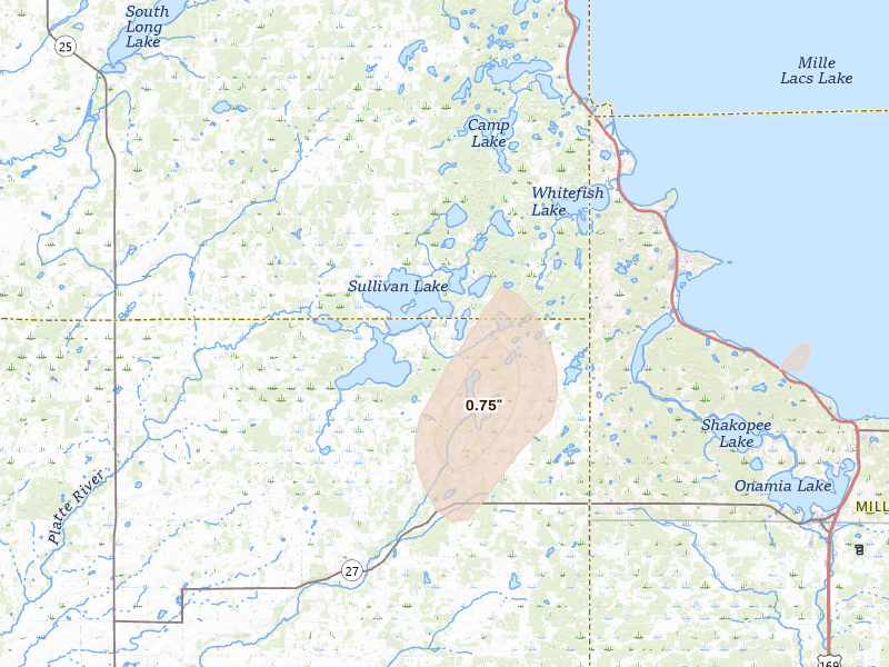 Radar-estimated hail-size map of the storm over Hillman, MN on Jun 9, 2026