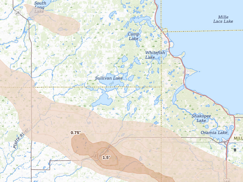 Radar-estimated hail-size map of the storm over Hillman, MN on Jun 19, 2026