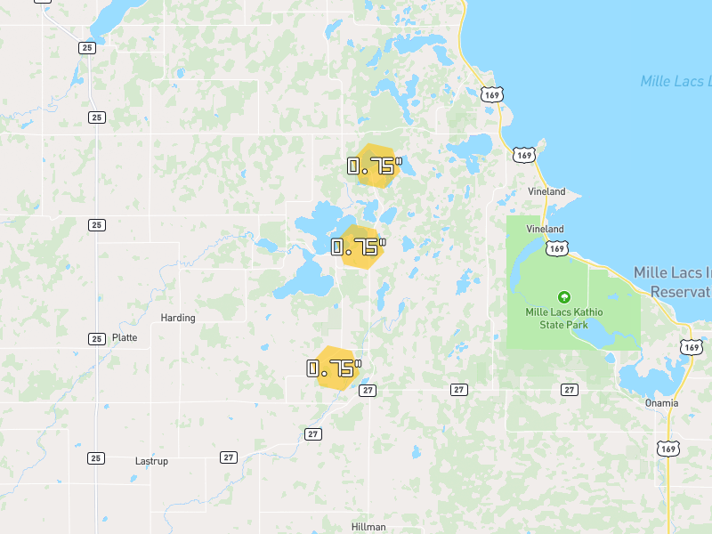 Hail map of Hillman, MN on Jun 30, 2026, hail up to 0.75"
