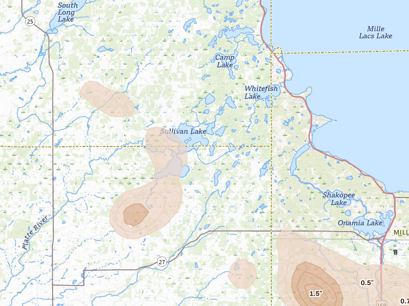 Radar-estimated hail-size map of the storm over Hillman, MN on Jul 4, 2026