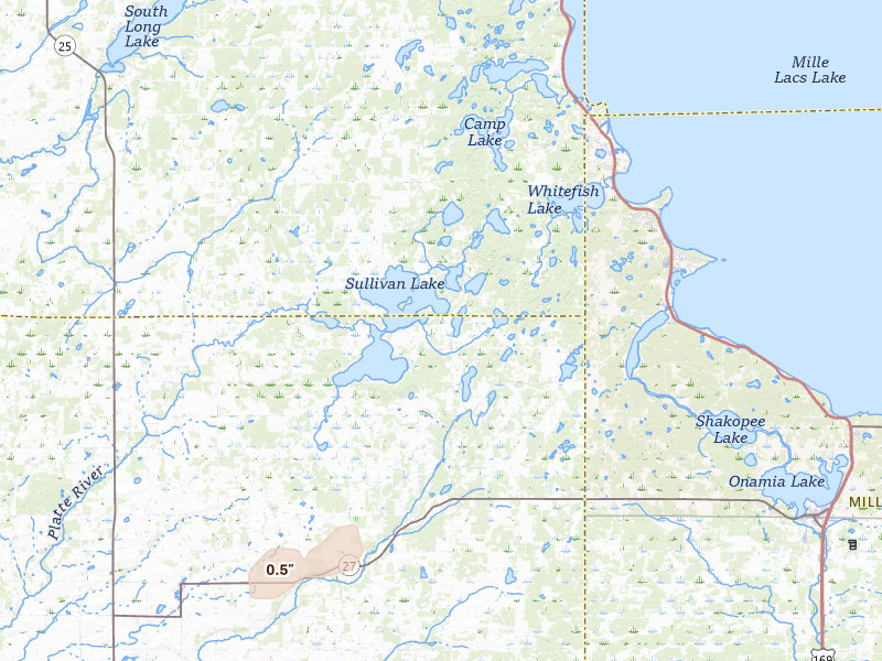 Radar-estimated hail-size map of the storm over Hillman, MN on Jul 7, 2026