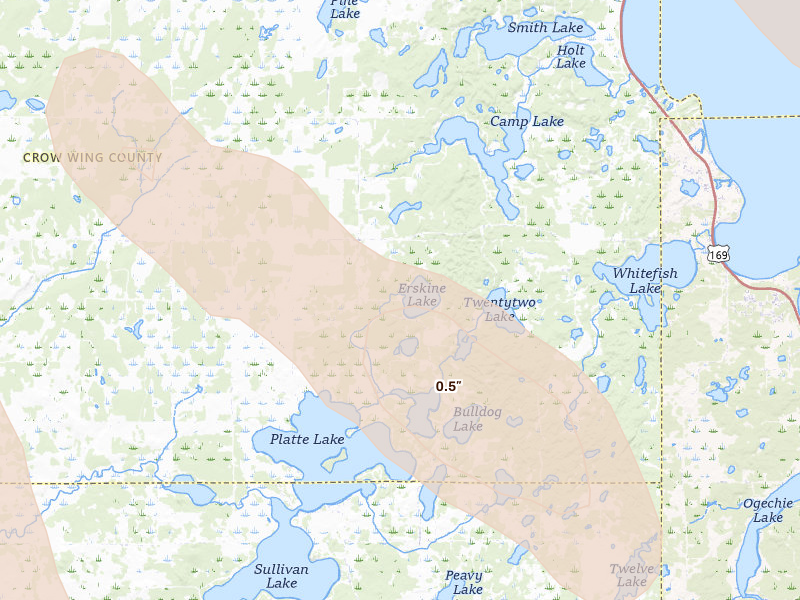 Radar-estimated hail-size map of the storm over Hillman, MN on Aug 20, 2026