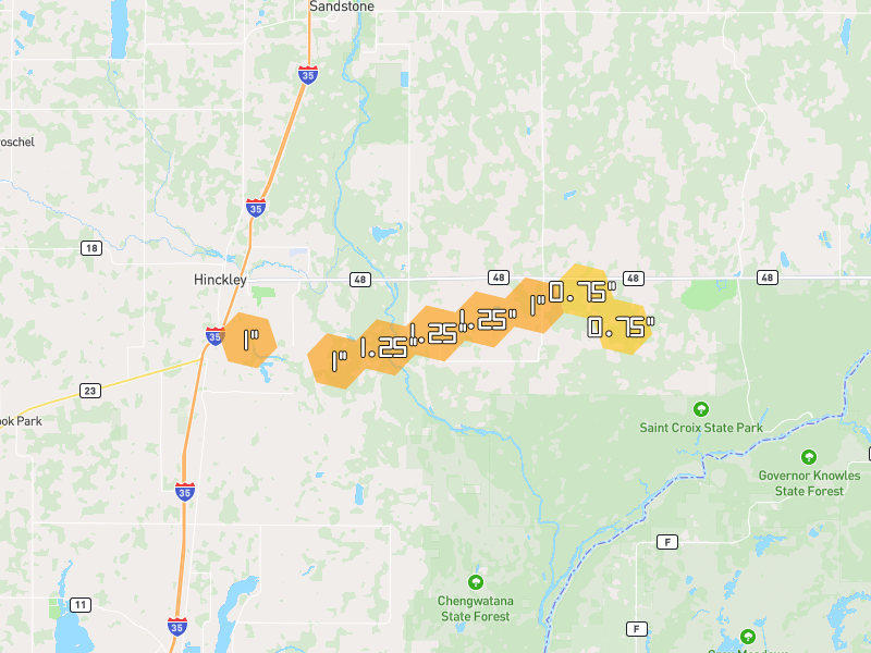 Hail map of Hinckley, MN on Jul 8, 2026, hail up to 1.25"