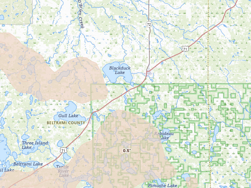 Radar-estimated hail-size map of the storm over Hines, MN on Jul 6, 2026