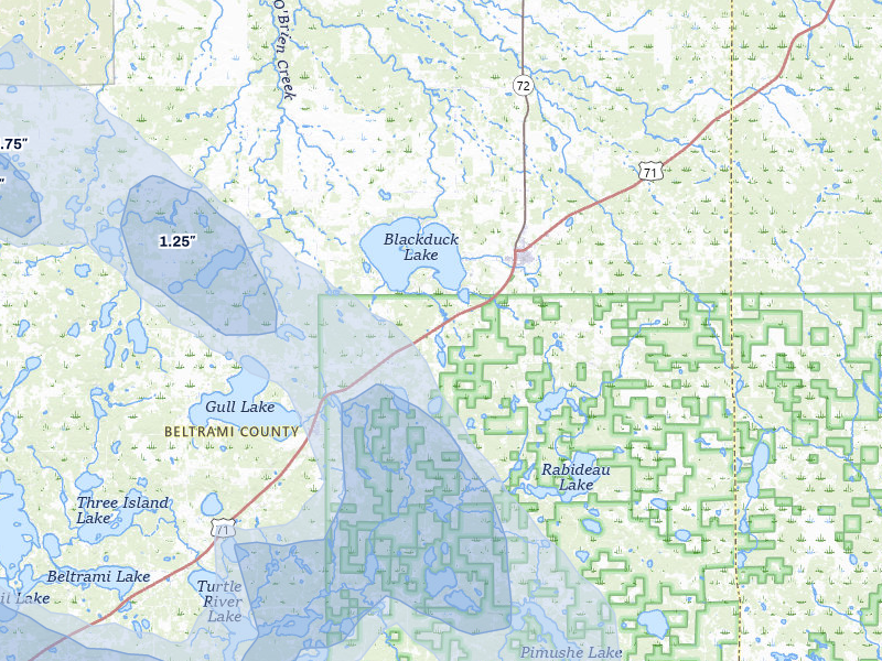 NEXRAD radar-signature map of the hail storm over Hines, MN on Jul 6, 2026
