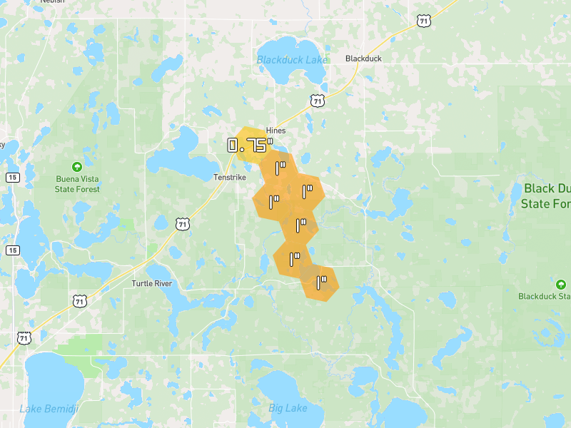 Hail map of Hines, MN on Jul 7, 2026, hail up to 1"