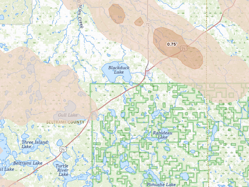 Radar-estimated hail-size map of the storm over Hines, MN on Jul 24, 2026
