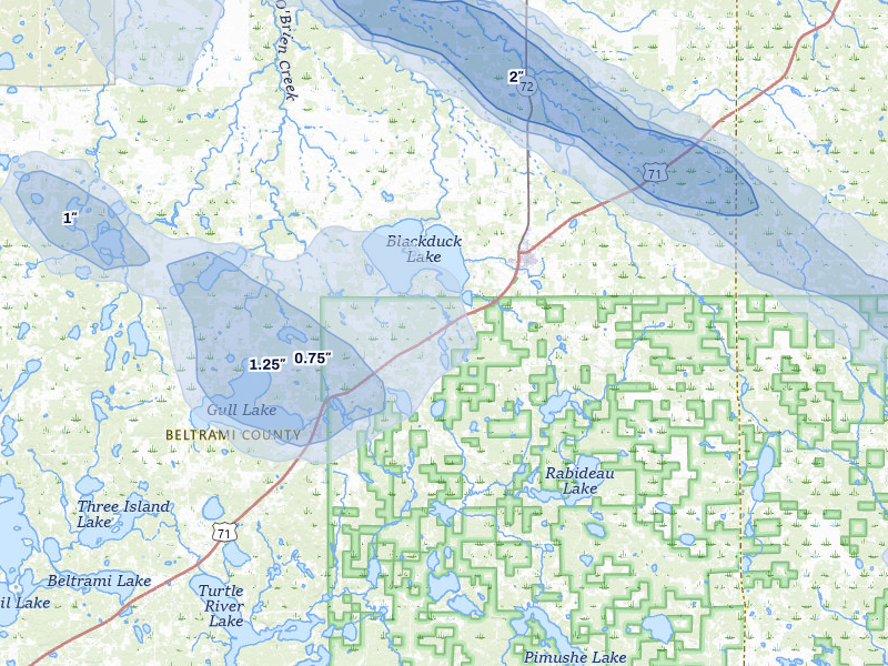 NEXRAD radar-signature map of the hail storm over Hines, MN on Jul 24, 2026
