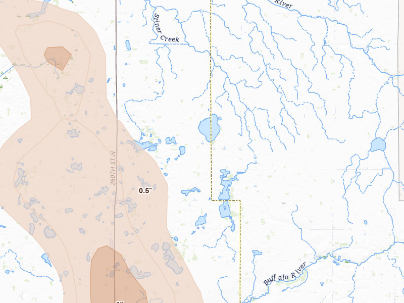 Radar-estimated hail-size map of the storm over Hitterdal, MN on Jul 4, 2026