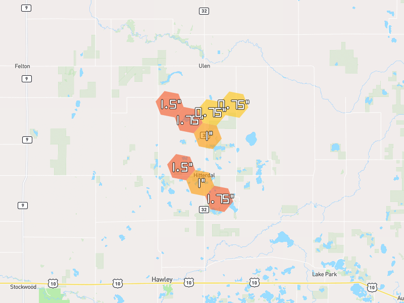 Hail map of Hitterdal, MN on Jul 4, 2026, hail up to 1.75"