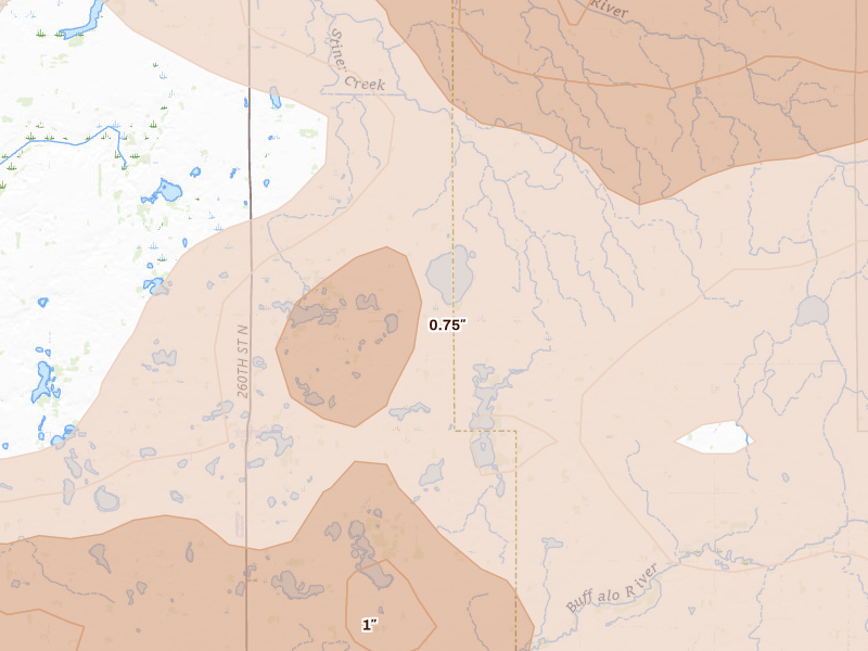 Radar-estimated hail-size map of the storm over Hitterdal, MN on Jul 6, 2026
