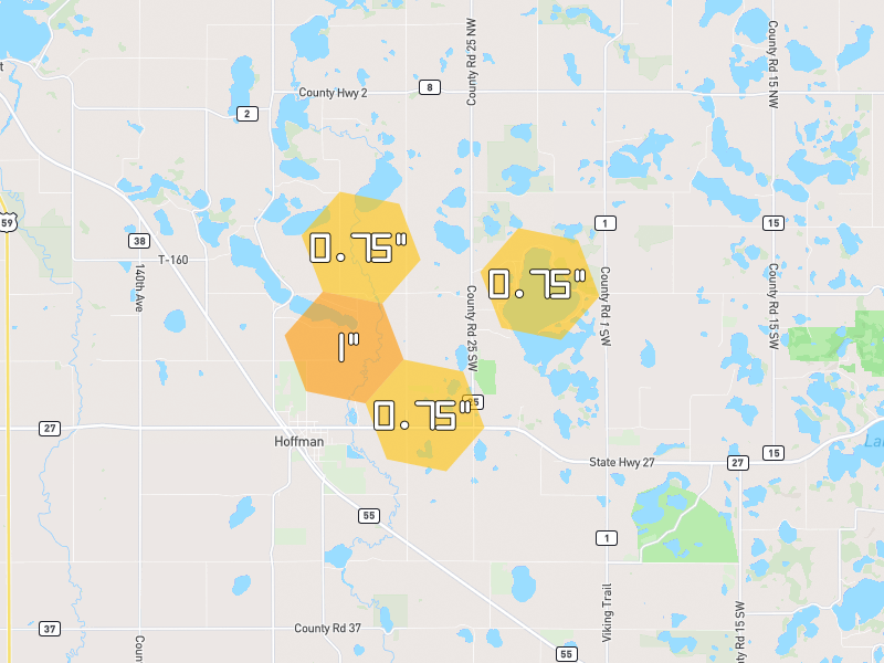 Hail map of Hoffman, MN on Jun 5, 2026, hail up to 1"