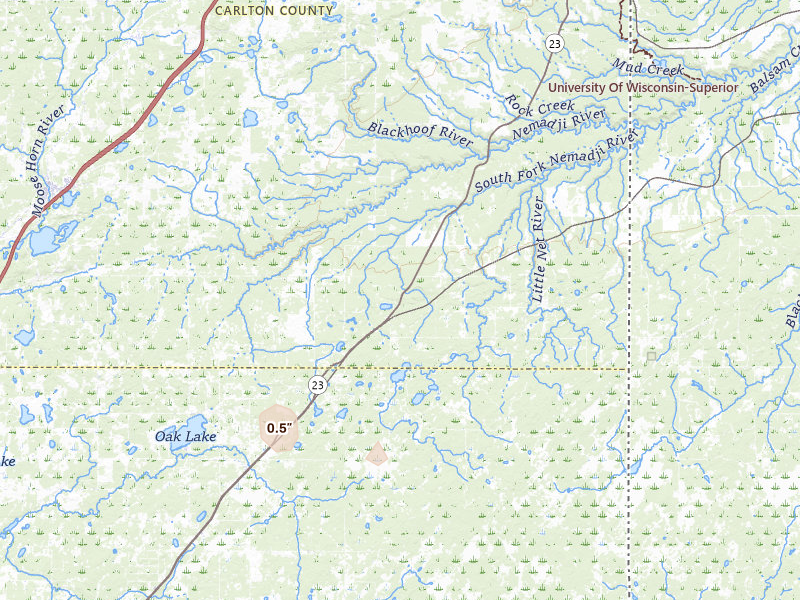 Radar-estimated hail-size map of the storm over Holyoke, MN on Jul 3, 2026