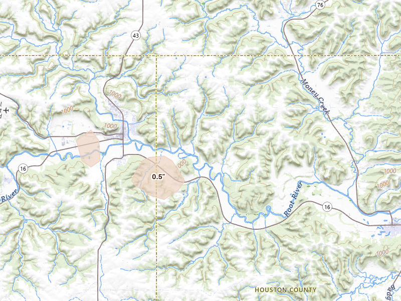 Radar-estimated hail-size map of the storm over Houston, MN on Aug 18, 2026