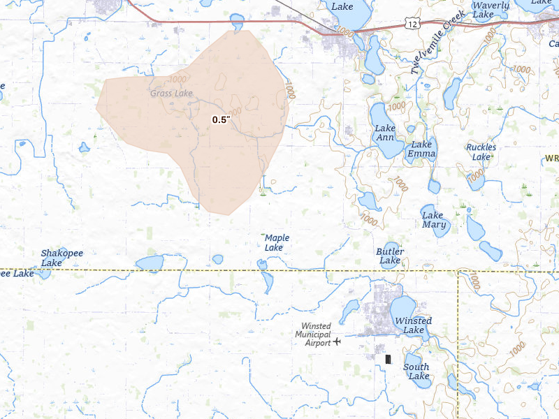 Radar-estimated hail-size map of the storm over Howard Lake, MN on Jul 19, 2026