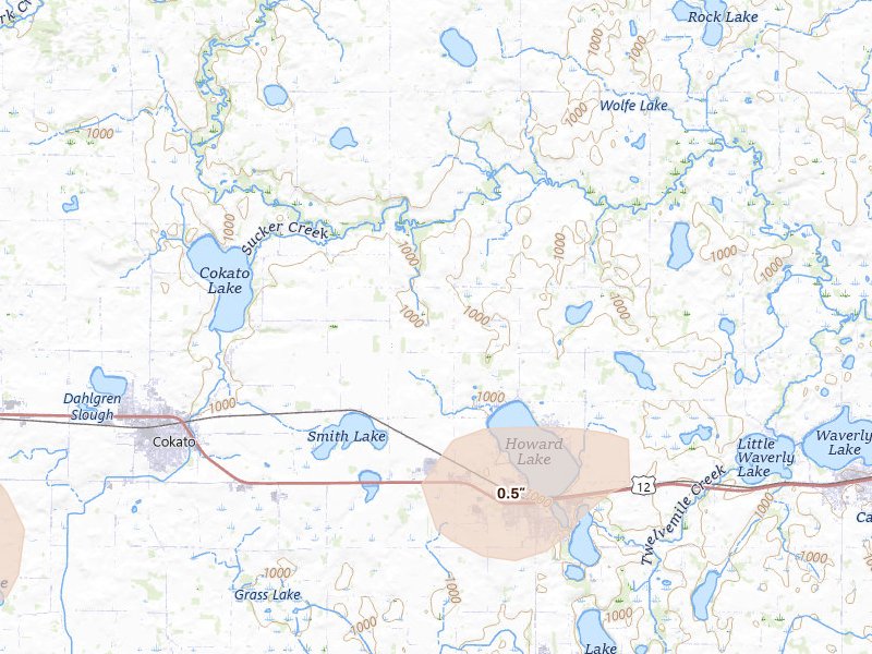 Radar-estimated hail-size map of the storm over Howard Lake, MN on Aug 7, 2026