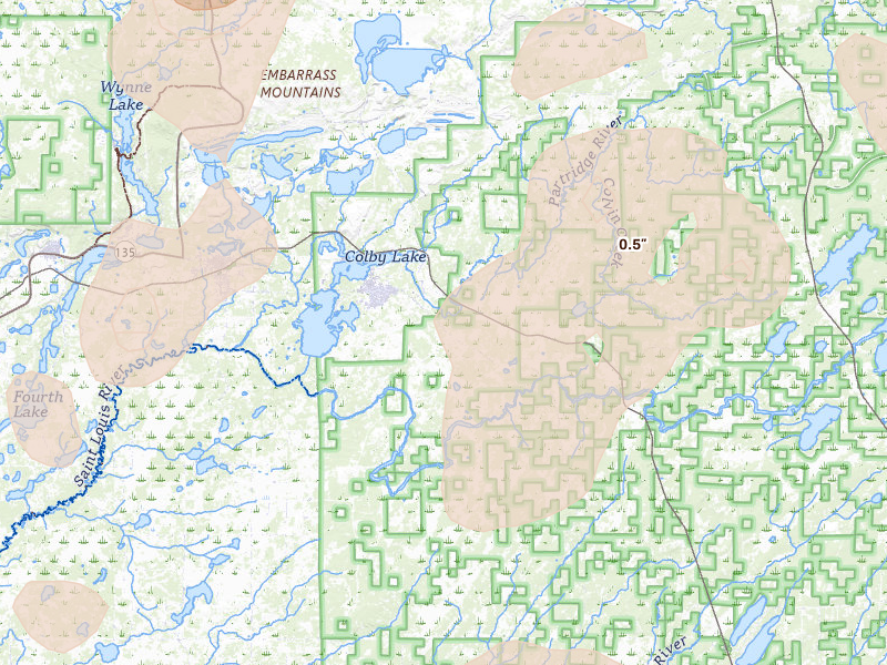 Radar-estimated hail-size map of the storm over Hoyt Lakes, MN on Jun 29, 2026
