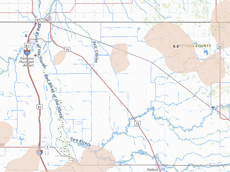 Radar-estimated hail-size map of the storm over Humboldt, MN on Jun 28, 2026