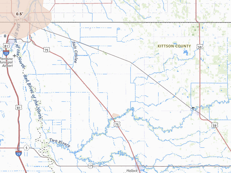 Radar-estimated hail-size map of the storm over Humboldt, MN on Aug 24, 2026