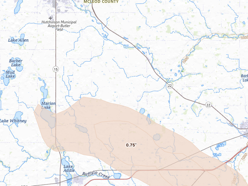 Radar-estimated hail-size map of the storm over Hutchinson, MN on Jun 23, 2026