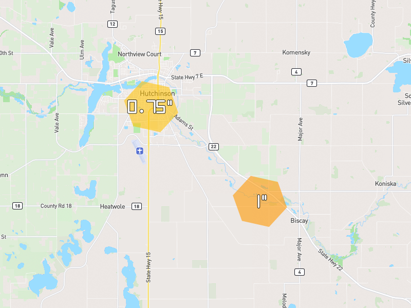 Hail map of Hutchinson, MN on Jul 26, 2026, hail up to 1"