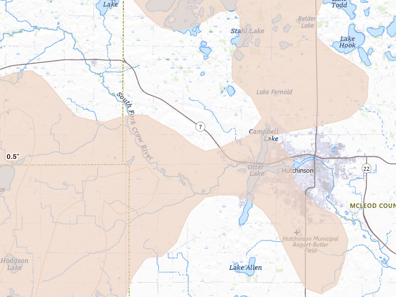 Radar-estimated hail-size map of the storm over Hutchinson, MN on Aug 7, 2026