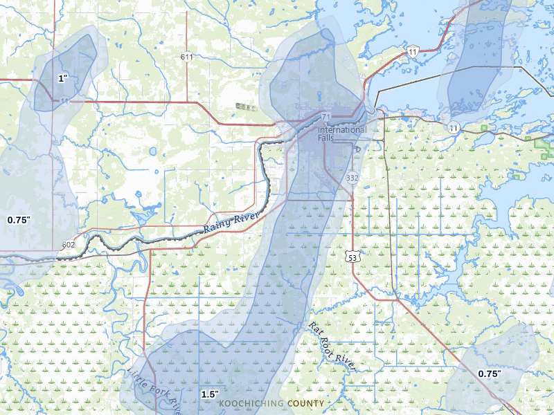 NEXRAD radar-signature map of the hail storm over International Falls, MN on Jun 29, 2026